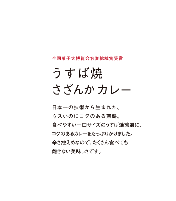 食べやすい一口サイズのうすば焼煎餅に、コクのあるカレーをたっぷりかけました。辛さ控えめなので、たくさん食べても飽きない美味しさです。